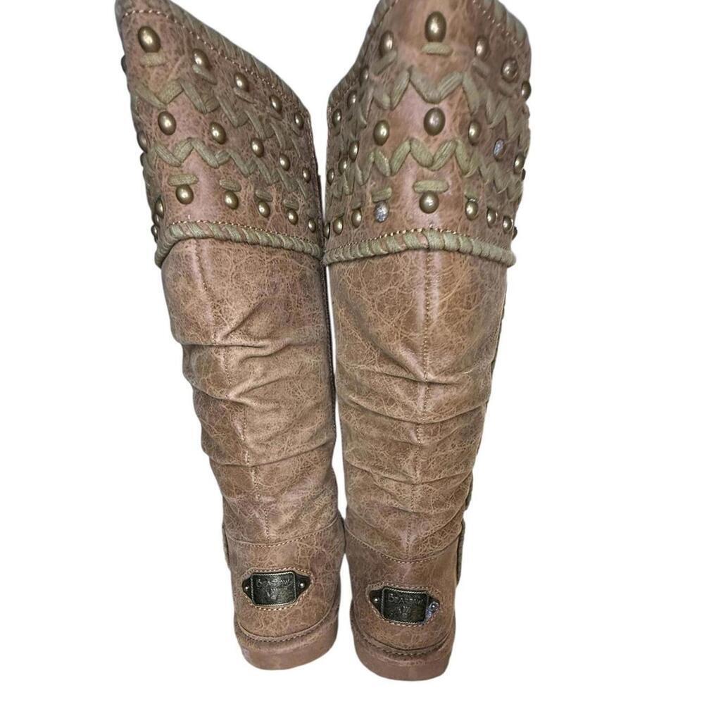 ****Bearpaw Silverthrone Mid Calf Boots Womens Sz 7 Brown Fleece Suede Studded - Picture 5 of 8